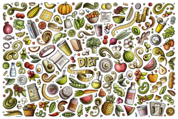 Deurstickers Diet food cartoon objects set © balabolka