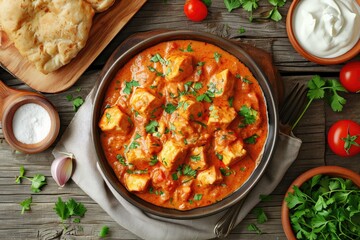 top down view of chicken tikka masala curry on a wooden background