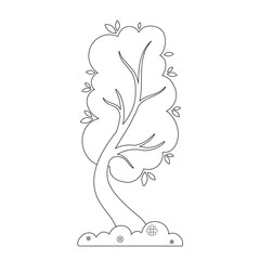 Contour, coloring of spring trees with flowering grass. Vector graphics.