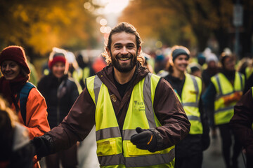 A heartwarming scene of volunteers organizing a charity run to raise funds for the homeless, emphasizing the active role of community engagement in addressing societal challenges. - obrazy, fototapety, plakaty