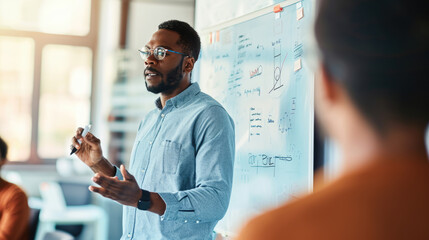 Man presenting or explaining something in front of a whiteboard with various colorful charts, diagrams, and notes, in a bright office setting