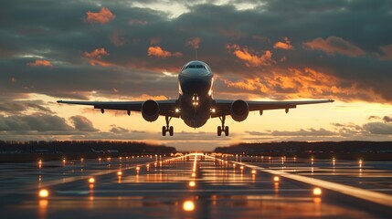 Sunset Landing: Airplane Arrival with Airport View, GENERATIVE AI