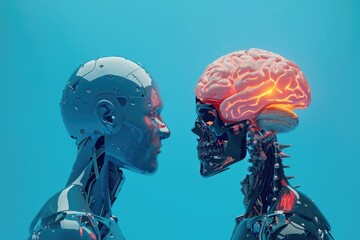 Artificial intelligence versus humans. Robot and human heads facing each other
