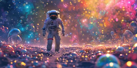 Beautiful painting of an astronaut in in a colorful bubbles galaxy on a different planet. Generative AI. Pop art concept, generative ai