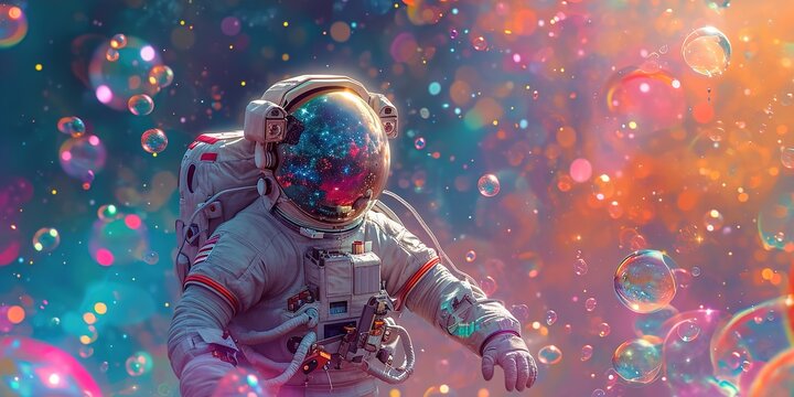 Beautiful painting of an astronaut in in a colorful bubbles galaxy on a different planet. Generative AI. Pop art concept, generative ai