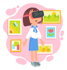Kids virtual reality. Happy girl with VR glasses. Innovation augmented technology. Cyberspace simulation. Child looking at pictures. Masterpieces gallery exhibition. Vector concept