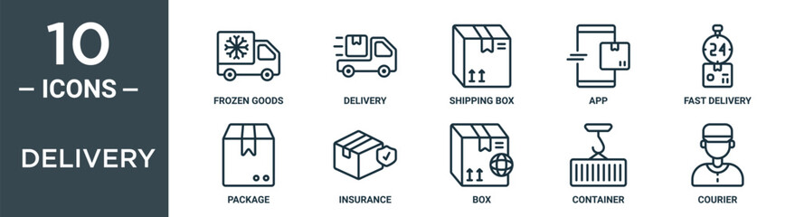 delivery outline icon set includes thin line frozen goods, delivery, shipping box, app, fast delivery, package, insurance icons for report, presentation, diagram, web design