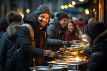 An uplifting image of volunteers distributing warm meals in a street kitchen for the homeless, showcasing the compassionate act of helping those in need. - obrazy, fototapety, plakaty