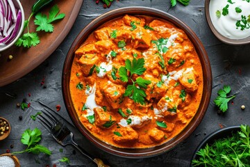 chicken masala curry served in a wooden bowl with yogurt cream