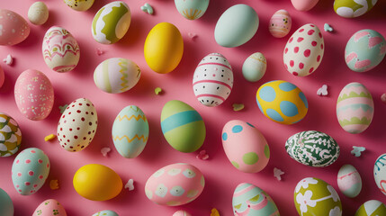 Collection of decorated Easter eggs with various patterns and colors, scattered on a pink surface.