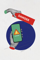 Vertical creative collage banner hand hold smartphone screen attention sign danger data leak...