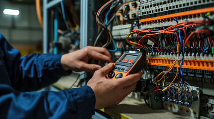A technician in professional attire is carefully using a digital multimeter to check or troubleshoot an electrical panel