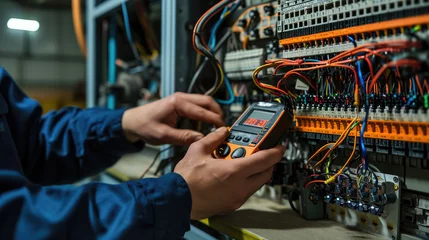 Foto op Aluminium A technician in professional attire is carefully using a digital multimeter to check or troubleshoot an electrical panel © MP Studio