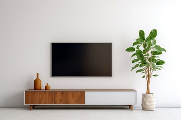 Cabinet TV and sofa in a modern living room with a plant against a backdrop of a refined white wall