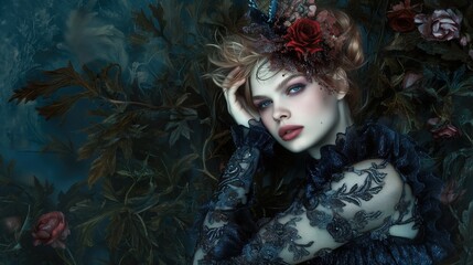 Digital art painting of a woman lying amongst dark green leaves and flowers, blonde hair, blue eyes and red lipstick