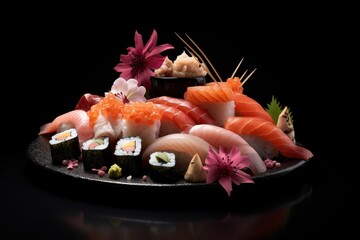 Cuisine du Japon, assortiment de sushis sur un fond noir