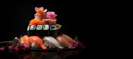 Cuisine du Japon, des sushis sur un fond noir, image avec espace pour texte