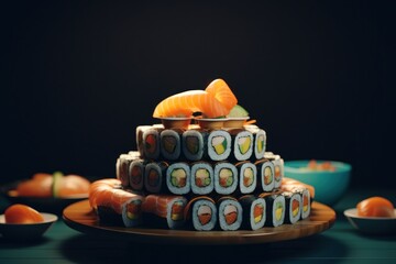 Cuisine du Japon, assortiment de sushis sur un fond noir, image avec espace pour texte - obrazy, fototapety, plakaty