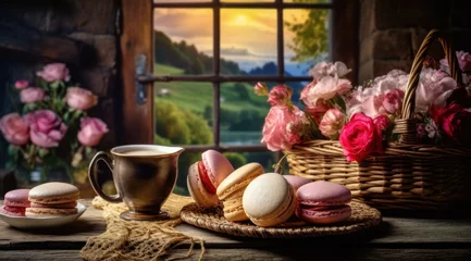 Foto op Canvas Café, macarons et fleurs sur une table en bois, au bord d'une fenêtre © David Giraud