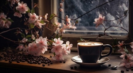 Une tasse de café et des fleurs sur une table en bois - obrazy, fototapety, plakaty