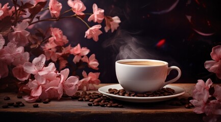 Fototapeta na wymiar Une tasse de café et des fleurs sur une table en bois