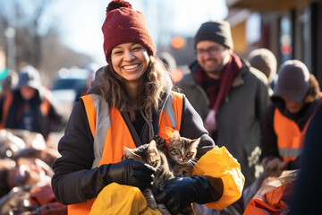 A vibrant image of volunteers organizing a pet adoption event, promoting the welfare of homeless animals and encouraging responsible pet ownership.