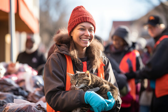 A vibrant image of volunteers organizing a pet adoption event, promoting the welfare of homeless animals and encouraging responsible pet ownership.