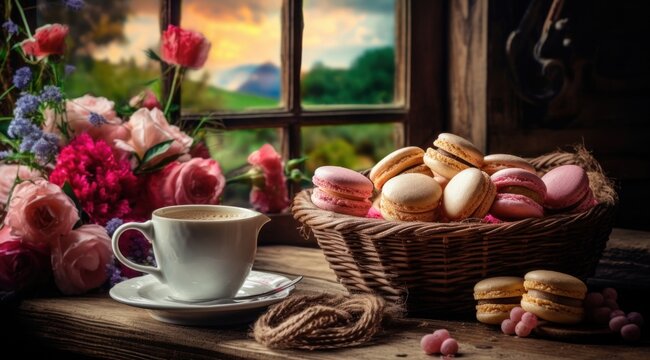 Café, macarons et fleurs sur une table en bois, au bord d'une fenêtre