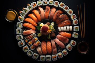 Cuisine du Japon, assiette de sushis sur un fond noir