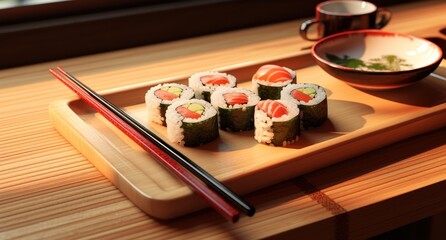 Cuisine du Japon, assortiment de sushis sur un plateau - obrazy, fototapety, plakaty