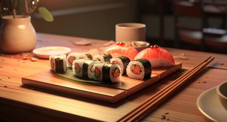 Cuisine du Japon, assortiment de sushis sur un plateau - obrazy, fototapety, plakaty