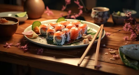 Selbstklebende Fototapeten Cuisine du Japon, une assiette de sushis sur une table © David Giraud