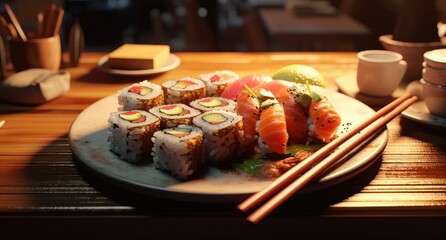 Cuisine du Japon, une assiette de sushis sur une table