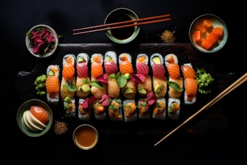 Cuisine du Japon, assortiment de sushis sur un fond noir - obrazy, fototapety, plakaty