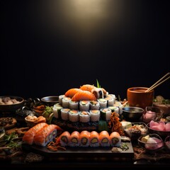 Cuisine du Japon, assortiment de sushis sur un fond noir, image avec espace pour texte