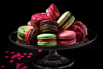 Macarons de la Saint-Valentin sur une table noire, dans un plat - obrazy, fototapety, plakaty