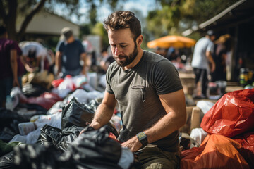 An uplifting image of volunteers distributing essential supplies to families affected by natural disasters, showcasing the rapid response and support provided by community-driven i