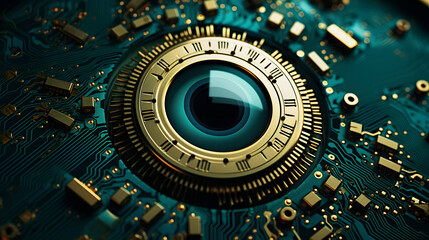 metallic pattern with gold electronics hardware circuit board, in the style of photorealistic eye, dark turquoise and light green, aetherclockpunk, mechanical sculptures, abstraction-création