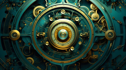 the green background shows gold wires and circles, in the style of futurist mechanical precision, hyper-realistic details, webcam, dark cyan and gold, aetherclockpunk, shaped canvas, mechanical design