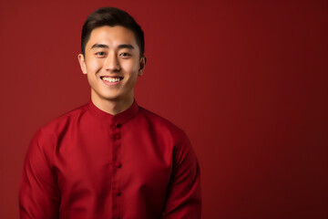 Obraz premium portrait of a man wearing red Chinese clothing to commemorate Chinese New Year with generative ai