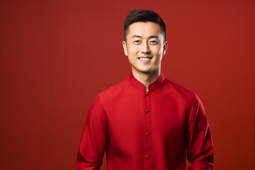 portrait of a man wearing red Chinese clothing to commemorate Chinese New Year with generative ai