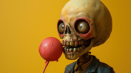 Creepy skull doll wearing blue suit trying to eat a candy apple, yellow background, horror, empty space for text 