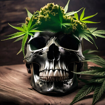 Human skull decorated and ordained with marijuana cannabis crown