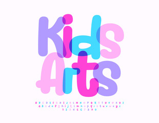 Vector playful emblem Kids Arts with decorative watercolor Font. Funny Alphabet Letters and Numbers set