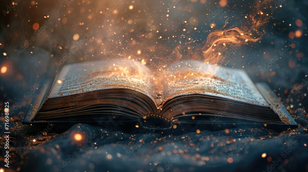 Aufkleber An open book placed on a table with flames bursting out of its pages. Perfect for illustrating knowledge, creativity, and the power of ideas.