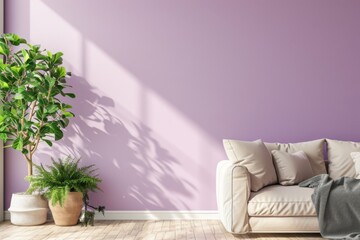 Serene Room With Soothing Lavender Wall, Chic Sofa, And Plants Copy Space Available