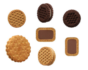 Different biscuit and cracker set, top view, isolated on transparent background, png isolated.
