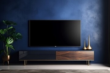 Cabinet TV in a modern empty room with a dark blue wall, adding a touch of sophistication to the overall design