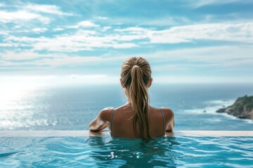 Beautiful Young Woman In Twosome By The Pool Overlooking The Ocean