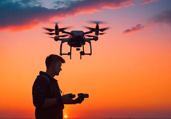 Fototapeta premium Man operating a drone with remote control. Dark silhouette against colorful sunset. Soft focus. 